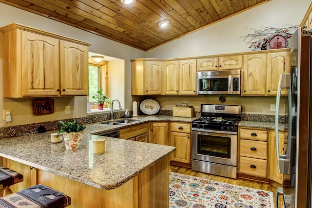 8824 Bittersweet Cir, Breezy Point, MN 56472 - kitchen featuring appliances with stainless steel finishes, a sink, a peninsula, vaulted ceiling, and wooden ceiling