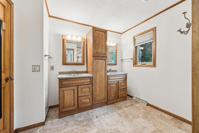 2140 Prospect Dr NE, Saint Cloud, MN 56304 - full bath featuring baseboards, double vanity, and crown molding