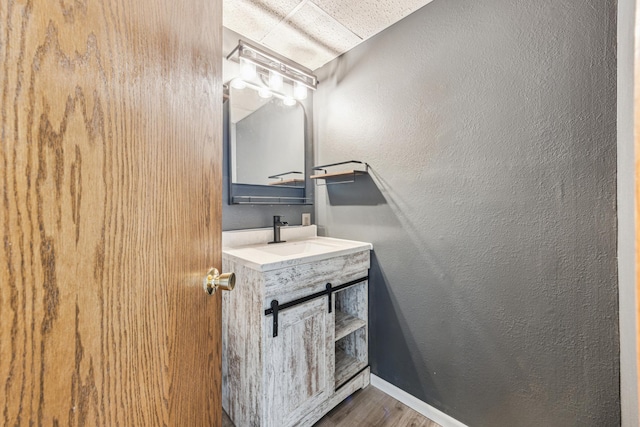 2140 Prospect Dr NE, Saint Cloud, MN 56304 - bathroom with wood finished floors, vanity, a textured wall, and baseboards