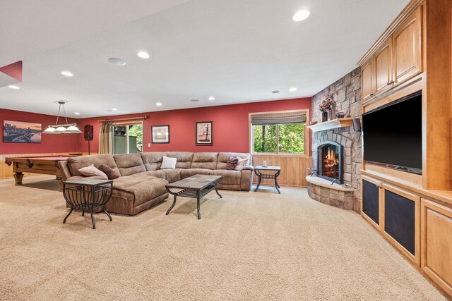 1893 White Oak Dr, Chaska, MN 55318 - carpeted living area with recessed lighting, a fireplace, and billiards table