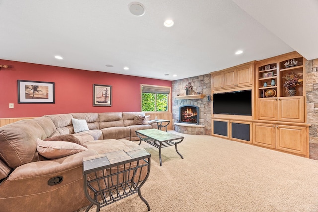 1893 White Oak Dr, Chaska, MN 55318 - living room featuring carpet, a stone fireplace, recessed lighting, and built in shelves