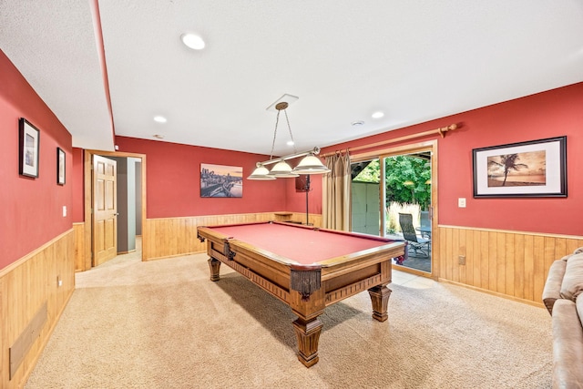 1893 White Oak Dr, Chaska, MN 55318 - rec room with a wainscoted wall, wooden walls, pool table, light colored carpet, and recessed lighting