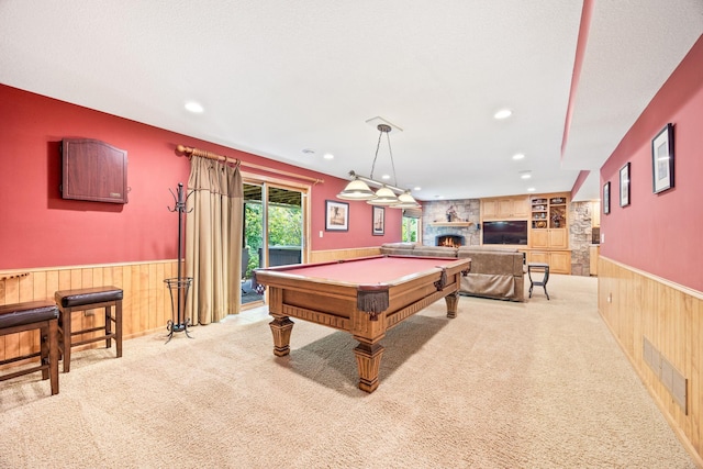 1893 White Oak Dr, Chaska, MN 55318 - game room with wainscoting, wood walls, a fireplace, carpet, and pool table