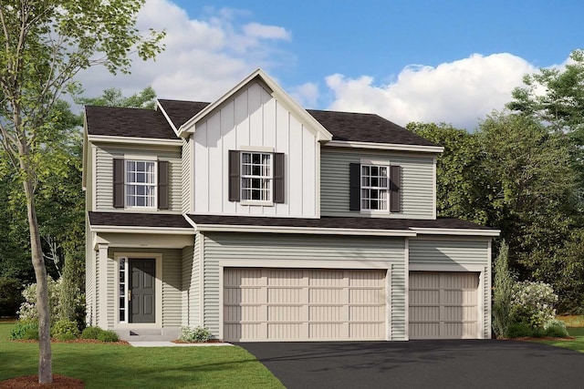 1801 Charleston Ln, Waconia, MN 55387 - view of front of home featuring an attached garage, board and batten siding, driveway, and a front lawn