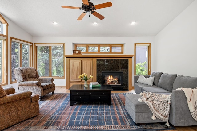 6136 Arctic Way, Edina, MN 55436 - living area with vaulted ceiling, ceiling fan, a fireplace, recessed lighting, and dark wood-style floors