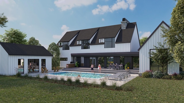 3205 County Road 101 S, Minnetonka, MN 55391 - back of property with an outdoor pool, a yard, a chimney, and an outbuilding