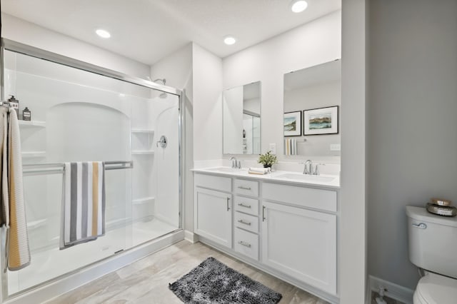 6272 205th St N, Forest Lake, MN 55025 - full bath featuring toilet, double vanity, a stall shower, and wood finished floors
