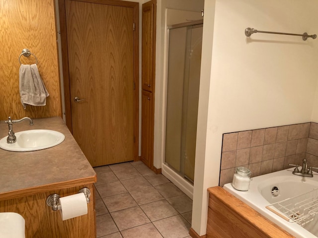 1496 Willard Lake Rd NW, Powers Twp, MN 56435 - full bath featuring a stall shower, a bath, tile patterned flooring, and vanity