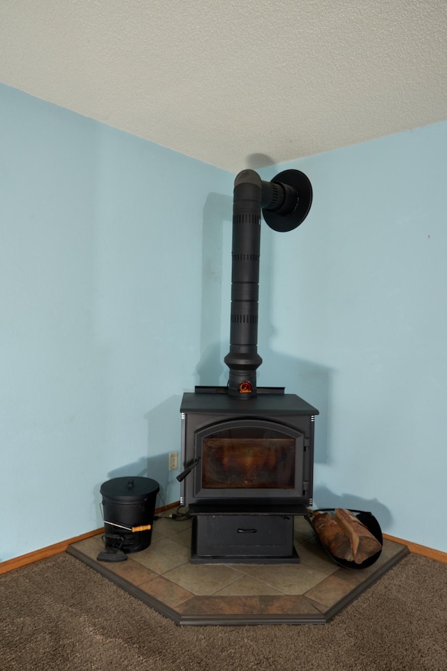1496 Willard Lake Rd NW, Powers Twp, MN 56435 - detailed view of a wood stove, carpet, and a textured ceiling