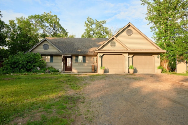 1496 Willard Lake Rd NW, Powers Twp, MN 56435 - ranch-style house featuring driveway, an attached garage, a front lawn, and roof with shingles