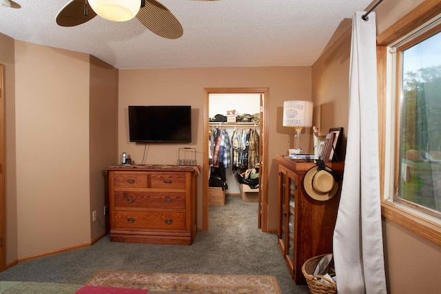 1496 Willard Lake Rd NW, Powers Twp, MN 56435 - carpeted bedroom featuring a walk in closet, a textured ceiling, a closet, and a ceiling fan