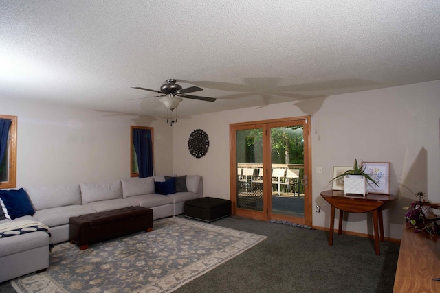 1496 Willard Lake Rd NW, Powers Twp, MN 56435 - carpeted living room featuring a textured ceiling and a ceiling fan