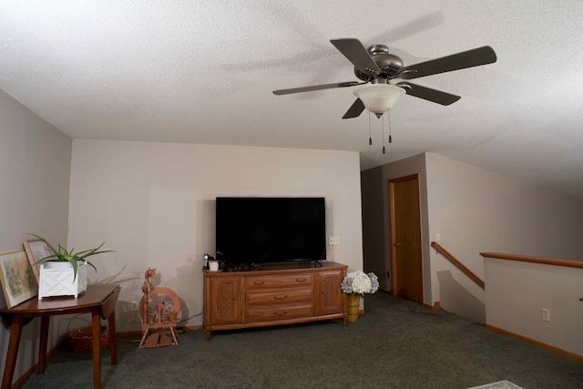 1496 Willard Lake Rd NW, Powers Twp, MN 56435 - living room featuring carpet flooring, a textured ceiling, and a ceiling fan