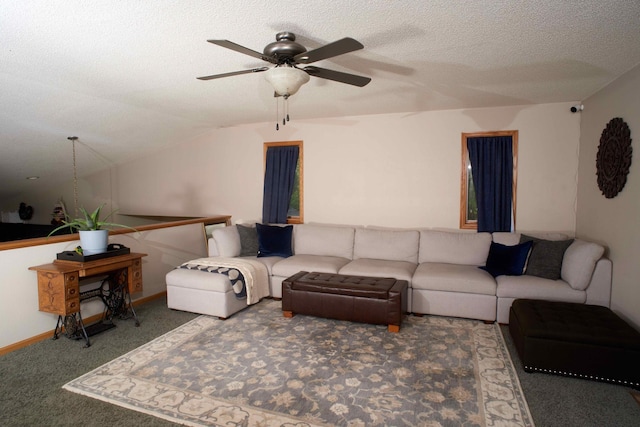 1496 Willard Lake Rd NW, Powers Twp, MN 56435 - carpeted living room featuring ceiling fan, a textured ceiling, and lofted ceiling