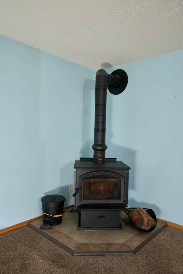 1496 Willard Lake Rd NW, Powers Twp, MN 56435 - detailed view of a wood stove, carpet flooring, and a textured ceiling