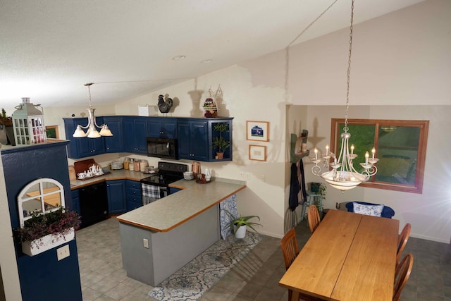 1496 Willard Lake Rd NW, Powers Twp, MN 56435 - kitchen with black appliances, a chandelier, blue cabinetry, vaulted ceiling, and a peninsula