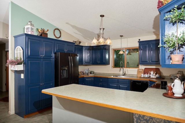 1496 Willard Lake Rd NW, Powers Twp, MN 56435 - kitchen with fridge with ice dispenser, blue cabinetry, dishwasher, a chandelier, and lofted ceiling