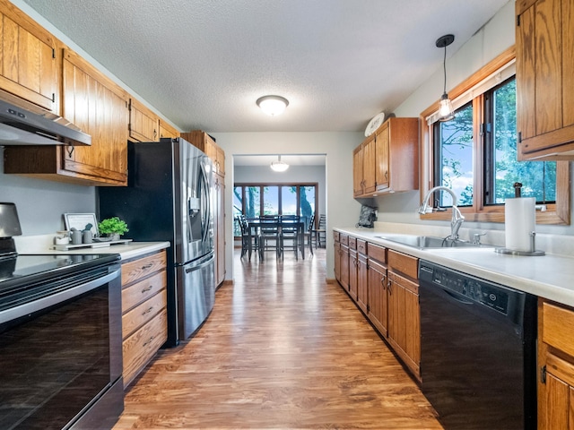 21534 275th Ave, Glenwood Twp, MN 56381 - kitchen featuring stainless steel appliances, a sink, light wood finished floors, light countertops, and decorative light fixtures