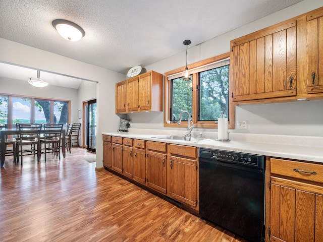 21534 275th Ave, Glenwood Twp, MN 56381 - kitchen with dishwasher, a sink, brown cabinets, light wood-style floors, and light countertops