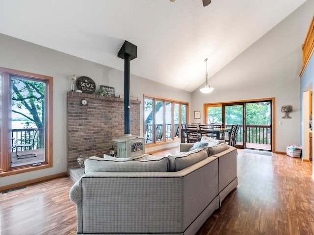 21534 275th Ave, Glenwood Twp, MN 56381 - living area featuring a wood stove, wood finished floors, baseboards, and high vaulted ceiling