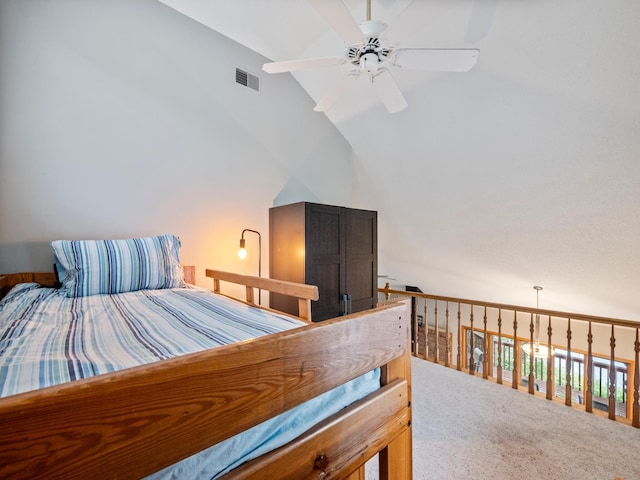 21534 275th Ave, Glenwood Twp, MN 56381 - carpeted bedroom featuring lofted ceiling and ceiling fan