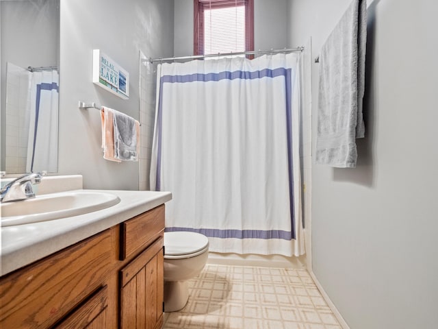 21534 275th Ave, Glenwood Twp, MN 56381 - bathroom with tile patterned floors, toilet, vanity, and shower / bath combination with curtain