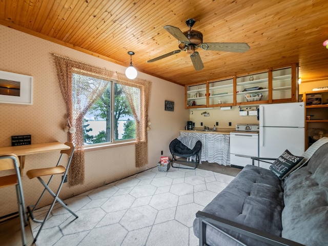 21534 275th Ave, Glenwood Twp, MN 56381 - living room with wood ceiling and a ceiling fan