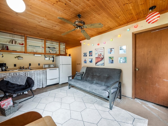 21534 275th Ave, Glenwood Twp, MN 56381 - living room with concrete flooring, wooden ceiling, and a ceiling fan