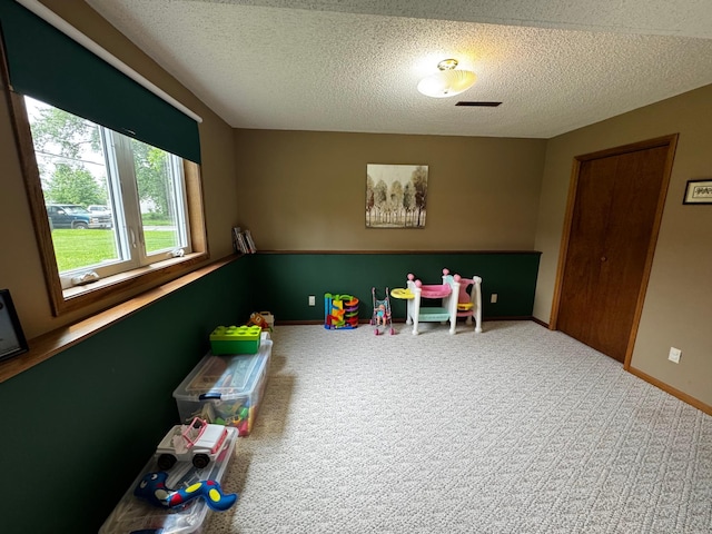 802 Estates Ave, Litchfield, MN 55355 - playroom featuring a textured ceiling, carpet, and baseboards