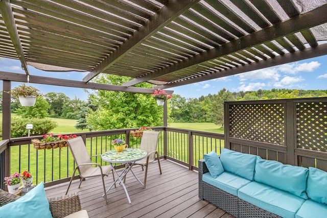 26821 Weston Ct, Elko New Market, MN 55020 - wooden terrace with a pergola, a yard, an outdoor living space, and view of wooded area