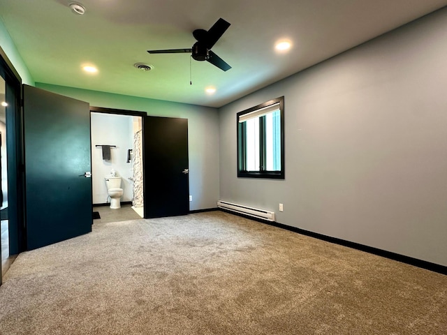 1953 Cecilee St, Worthington, MN 56187 - unfurnished bedroom with baseboard heating, carpet floors, recessed lighting, ensuite bathroom, and a ceiling fan