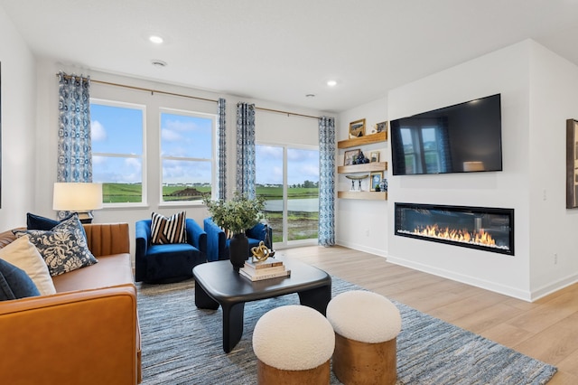 2451 Jandell Ave NE, Saint Michael, MN 55376 - living room featuring wood finished floors, a glass covered fireplace, and recessed lighting