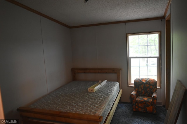 44863 State Highway 48, Arlone Twp, MN 55037 - bedroom with ornamental molding, multiple windows, a textured ceiling, and carpet flooring