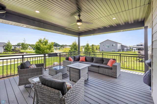 7886 Firefly Ln, Horace, ND 58047 - wooden deck featuring outdoor lounge area, a residential view, ceiling fan, and a lawn