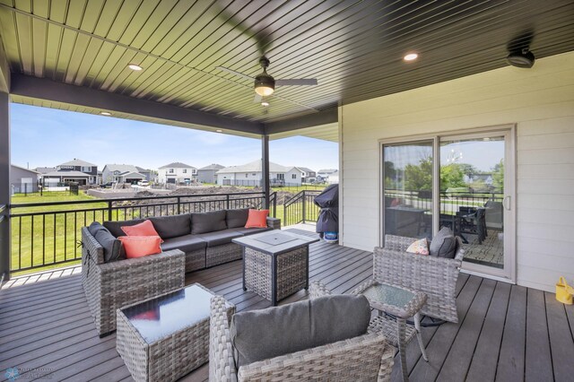 7886 Firefly Ln, Horace, ND 58047 - wooden deck with an outdoor living space, a residential view, and ceiling fan
