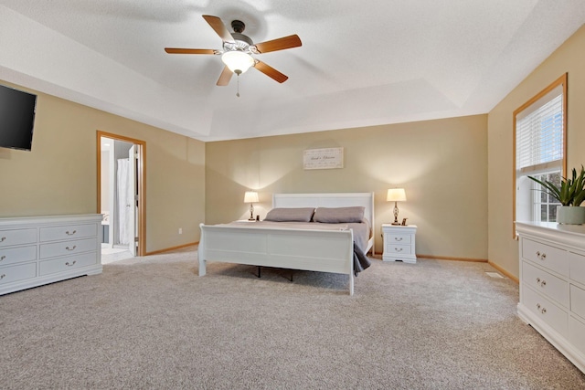 10542 188th Ave NW, Elk River, MN 55330 - bedroom with a tray ceiling, light carpet, a ceiling fan, baseboards, and connected bathroom