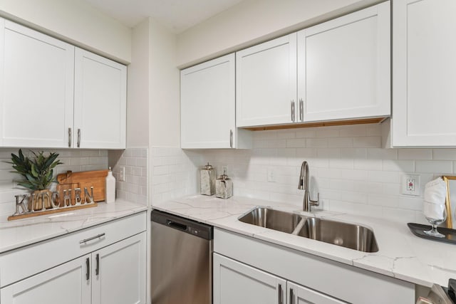 5707 80th Ave N, Brooklyn Park, MN 55443 - kitchen featuring stainless steel dishwasher, a sink, white cabinets, and decorative backsplash