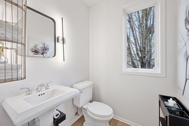 330 Lythrum Ln, Medina, MN 55340 - half bathroom with toilet, baseboards, wood finished floors, and a sink