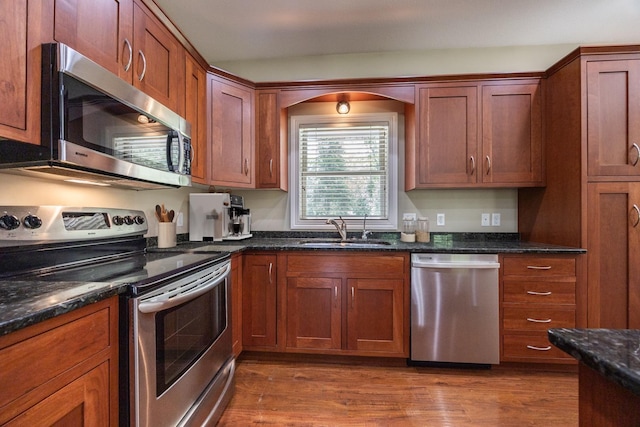 67457 152nd Ave, Greenfield Twp, MN 55981 - kitchen with stainless steel appliances, a sink, dark wood finished floors, and dark stone counters