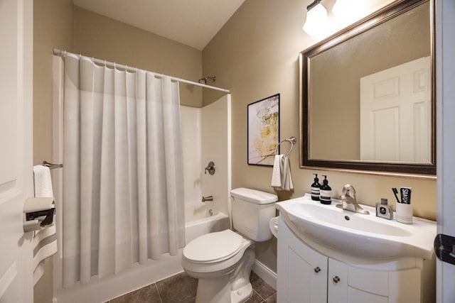 67457 152nd Ave, Greenfield Twp, MN 55981 - full bathroom with shower / bath combo with shower curtain, vanity, tile patterned floors, toilet, and baseboards