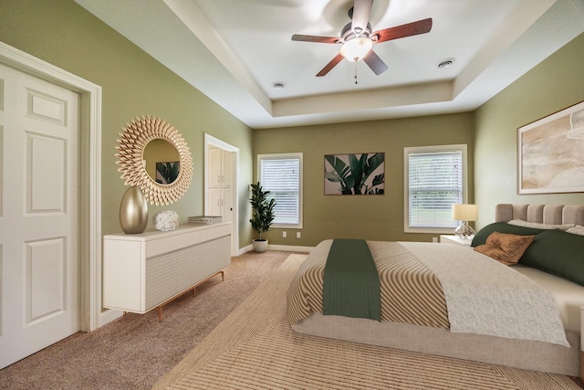 67457 152nd Ave, Greenfield Twp, MN 55981 - bedroom with a tray ceiling, light carpet, multiple windows, and baseboards
