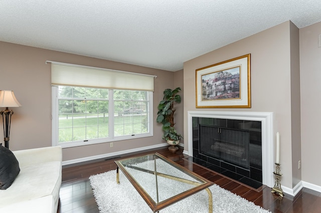 2051 Carriage Dr SW Unit 2051A, Rochester, MN 55902 - living area with wood finished floors, baseboards, a textured ceiling, and a tiled fireplace
