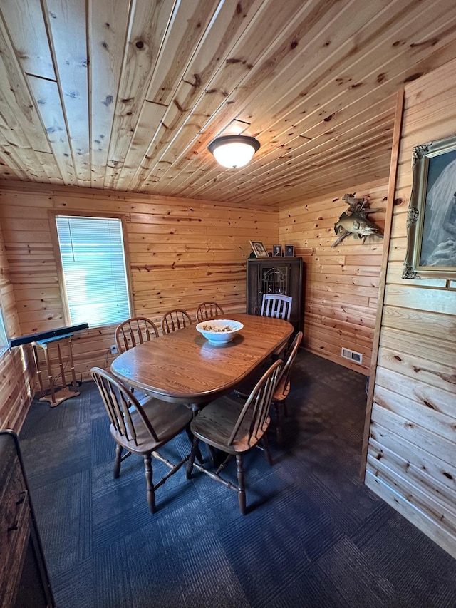 502 1st Ave SE, Baudette, MN 56623 - carpeted dining space with wooden walls and wood ceiling