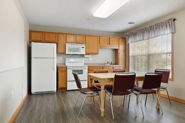 2231 Penn Pl Unit 224, North Saint Paul, MN 55109 - kitchen featuring white appliances, dark wood-style flooring, light countertops, baseboards, and a textured ceiling