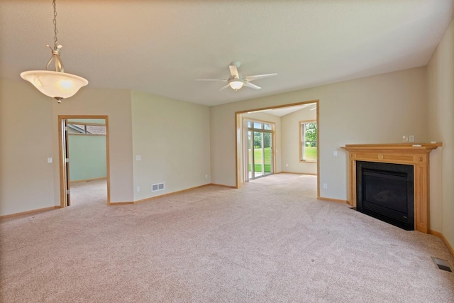 1223 Cypress Dr W, Annandale, MN 55302 - unfurnished living room featuring a ceiling fan, light carpet, a fireplace with flush hearth, and baseboards