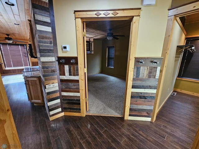 609 1st St N, Wahpeton, ND 58075 - kitchen featuring ceiling fan, dark wood-type flooring, baseboards, and wooden ceiling