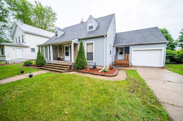 109 2nd St SW, Blooming Prairie, MN 55917 - cape cod home featuring an attached garage, concrete driveway, a shingled roof, a front yard, and a chimney