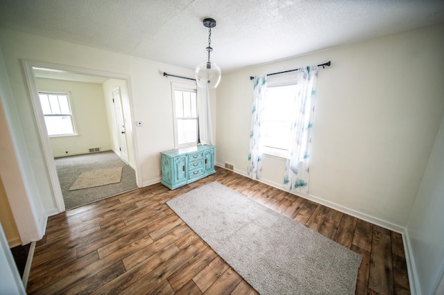 109 2nd St SW, Blooming Prairie, MN 55917 - unfurnished dining area featuring wood finished floors, baseboards, and a textured ceiling