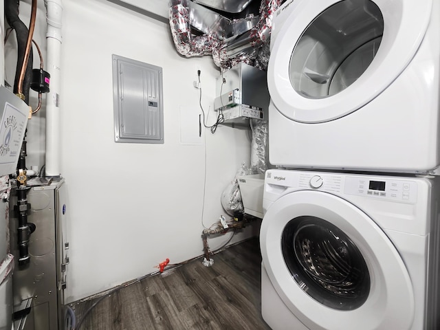 729 Burr St N, Saint Paul, MN 55130 - laundry area with stacked washer and clothes dryer, electric panel, and dark wood-type flooring