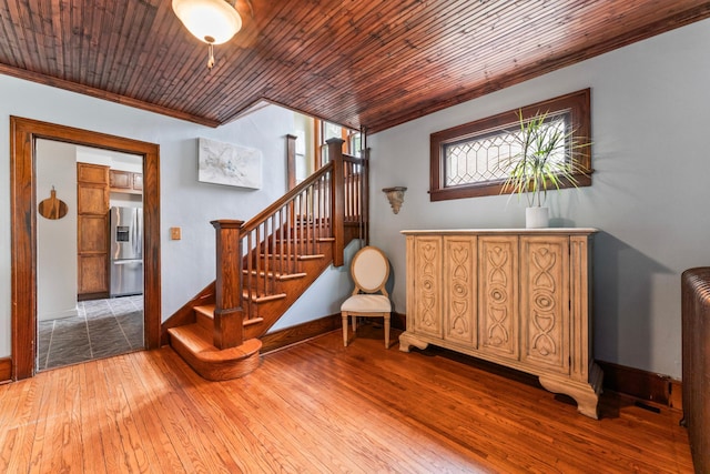 842 2nd St NW, Rochester, MN 55901 - stairway with crown molding, wood-type flooring, baseboards, and wood ceiling